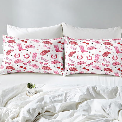 Western Cowgirl Fitted Sheet Twin Size,Tribal Texas Stars Horseshoe Boots Hats Bed Sheet with 1 Pillowcase,Princess Girly Red Pink Starry Soft Decorative Fabric Bedding,Room Gift