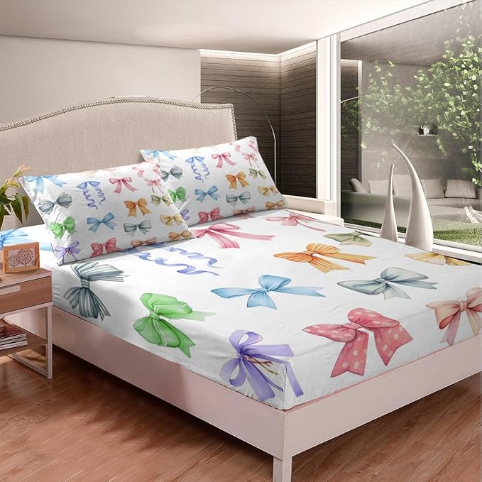 Bowknot Fitted Sheet Queen Size Colorful Bow-tie Princess Style Bedding Sheet Set,Dreamy Fairy Tale Theme Girly White Bed Cover Ultra Soft Breathable Bedding 3 Pcs