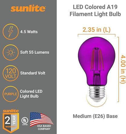 Sunlite 40945 LED Colored Filament A19 Light Bulb, 4.5 Watts, Medium E26 Base, 120 Volts, Transparent Purple, Dimmable, 320 Degree Beam Angle, UL Listed, 6 Count