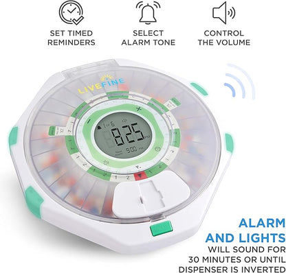 Live Fine 28-Day Automatic Pill Dispenser Frosted Lid with Upgraded LCD Display and Key Lock, Sound & Light for Prescriptions, Medication, Vitamins, Supplements & More
