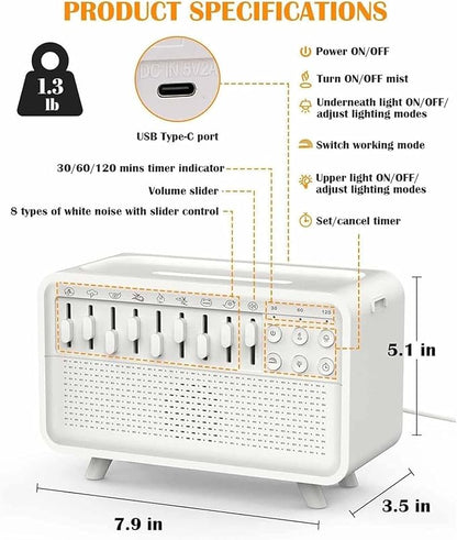 White Noise Night Light Diffuser Humidifier,Sleep Sound Machine for Home Office,Diffuser Aromatherapy Humidifier with 8 Ambient Sounds,Perfect for Sleep, Meditation, Work, Yoga (1)