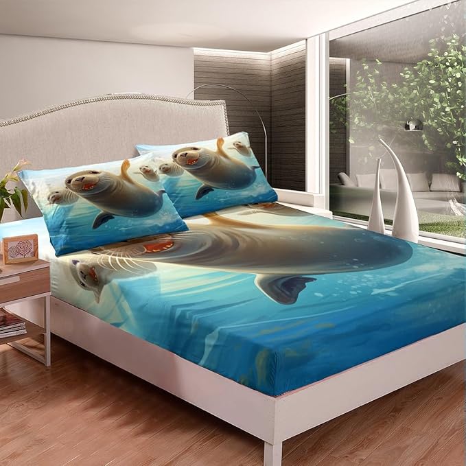Cute Seal Kids Fitted Sheet Twin Size,Sea Lion Ocean Animals Theme Bedding Set,Boys Girls Room Decor,Underwater World Marine Creature Sealife Bed Cover,Blue Grey Bed Sheet,1 Pillowcase