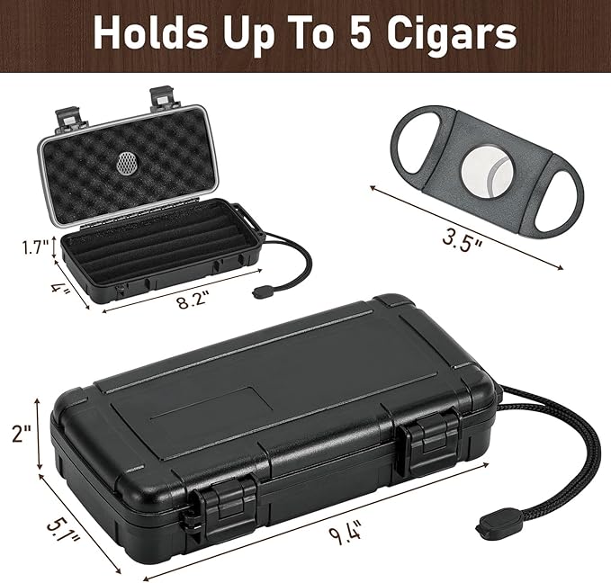 Travel Cigar Humidor Case, Portable Humidor Cigar Box with Humidifier & Cigar Cutter, Waterproof, Crushproof and Airtight Cigar Case for 5 Cigars-Cigar Accessories Cigar Gifts for Men