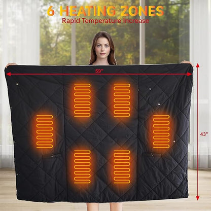 Heated Blanket Outdoors, Battery Operated Heated Throw with 10000mAh Power Bank, 2-in-1 Blanket & Shawl for Camping, Hiking, Stadium Events & Travel, Cordless USB Heated Blanket-Black