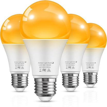 L LOHAS LED Sleep aid Amber Light Bulbs, Blue Light Blocking, A19 9W(60 Watt Equivalent) Dim Light Bulbs, 1800K Warm Light Bulb, E26 Base, 4 Pack