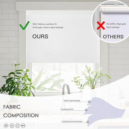 Cordless Blackout Roller Shades for Windows, Linen Texture Blinds with Valance, Pull Down Room Darkening Thermal Insulated UV Protection Shades for Home and Office (White, Custom Size)