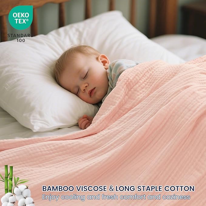 PHF Cooling Muslin Throw Blanket for Hot Sleepers, 60% Viscose from Bamboo, 40% Cotton and 4-Layer Breathable Gauze Blanket for Bed Couch, 50"x60", Pink Rose
