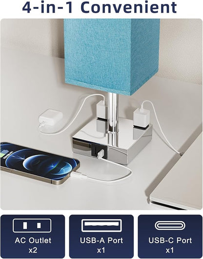 Touch Bedside Table Lamp for Nightstand - 3-Way Dimmable Night Lamp with USB A + Type C Charging Ports and Two AC Outlets, Small Desk Light with E26 Bulb for Bedroom Living Room Dorm, Turquoise