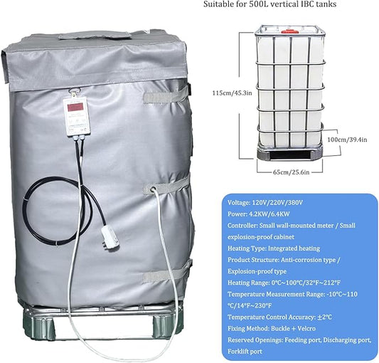 Ibc Heater Blanket, Ibc Tote Winter Blanket, Smart Temperature Control Up To 100°c, 500l/1000l, Heating Pad For Winter With Thermostat, For Petroleum, Chemical, Food Processing Grey 500L 6400W