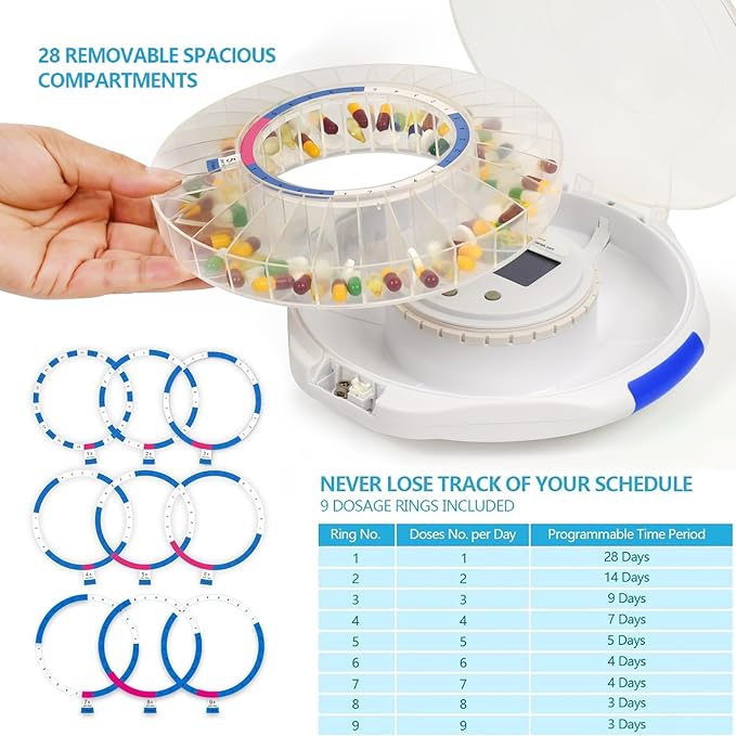 28-Day Bluetooth Automatic Pill Dispenser, Key Lock Security, Medication Dispenser up to 9 Alarms/Day, Sound & Light Alarms, Ezi-Read LCD & App Alert for Prescriptions, Vitamins, Clear Lid