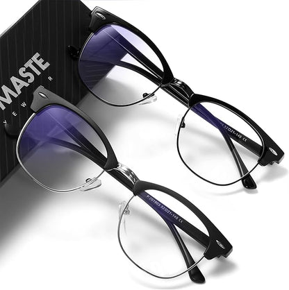 Blue Light Blocking Glasses Vintage Half Frame UV Clear Lens Anti Eyestrain Computer Gaming Glasses for Women Men (E-matte Black Silver+bright Black)