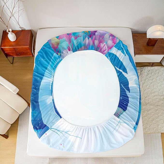 Ocean Kids Full Size Fitted Sheet,Marine Organism Shark Room Decor,Underwater World Sealife Boys Girls Bed Sheets,Blue Bedding Set,2 Pillowcases(No Flat)