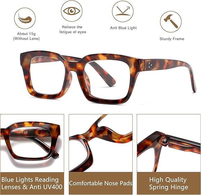 Readers for Women Oprah Style Square Reading Glasses with Spring Hinge Blue Light Blocking for Men Ladies