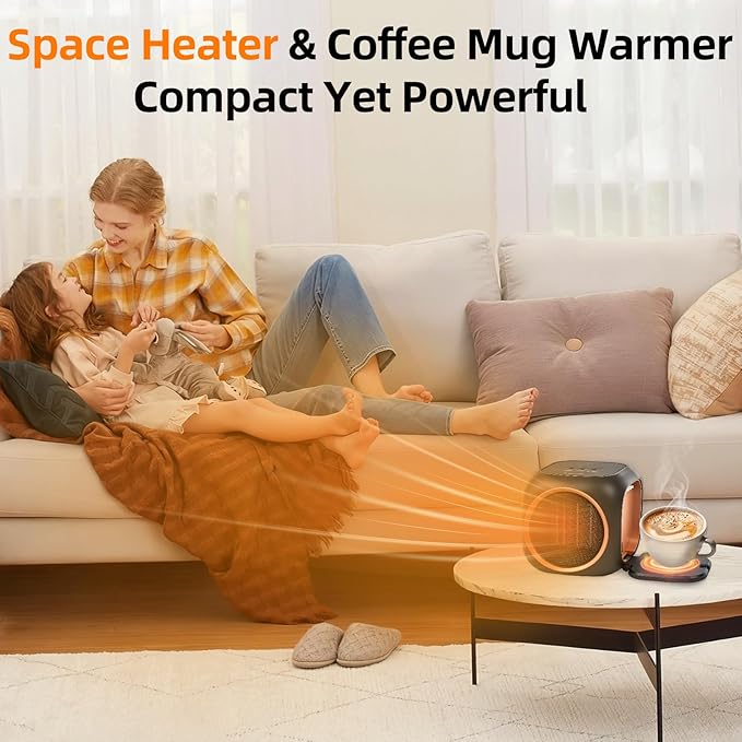 Upgraded Space Heater & Coffee Mug Warmer, Space Heater for Indoor Use with Thermostat, Candle Warmer Plate, 800W Portable Electric Heater for Bedrooms, Offices, Home