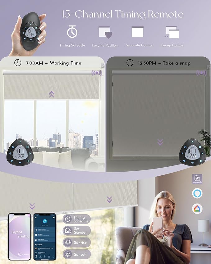 Graywind Motorized Roller Shade 100% Blackout Compatible with Alexa Google Waterproof Vinyl Fabric Remote Control Hardwired Window Shades Window Blinds, Customized Size (Vinyl - Beige)