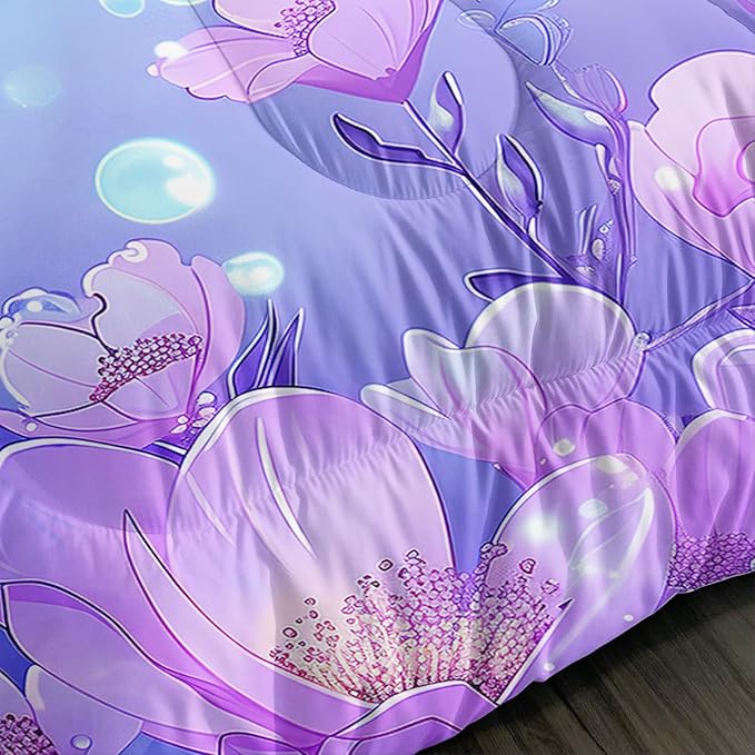 Pretty Mermaid Comforter Full for Girls Kids, Mermaid Fish Scale Floral Pattern Bedding for Girls Bedroom Decor, Ocean Themed Comforter Bedding Set with 2 Pillowcases