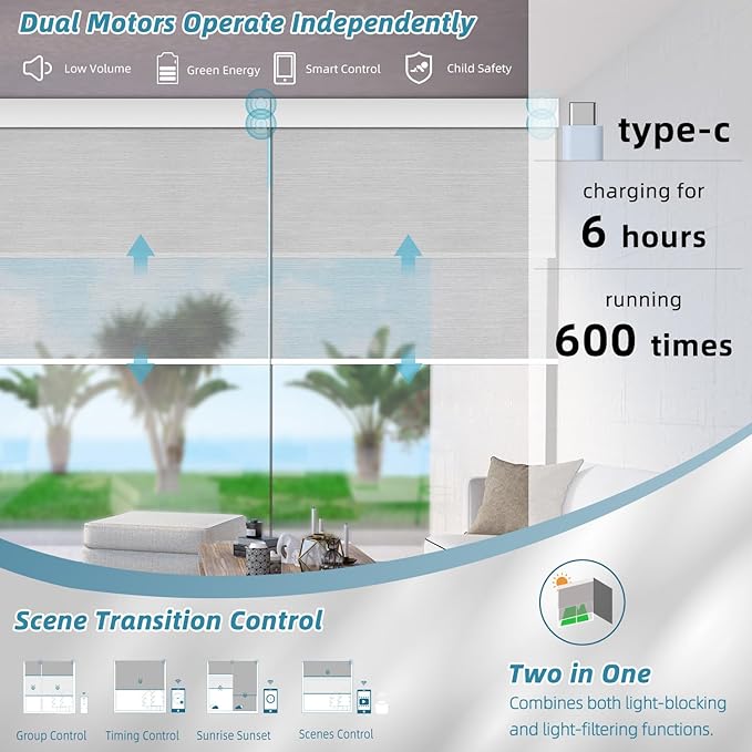 SmartWings Motorized Dual Blinds with Remote, Custom Automatic 100% Blackout Roller Shade Compatible with Alexa/Homekit/Google, Electric Smart Blinds for Indoor Windows, Harmony Duo Plus