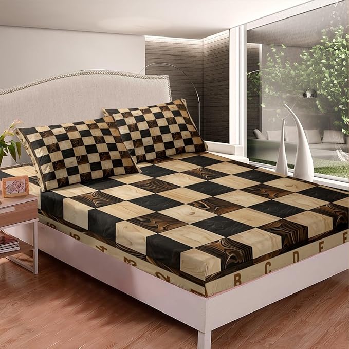 Manfei International Chess Fitted Sheet Set King Size 4 Pcs,Vintage Sport Game Brown Chess Checkerboard Teens Sheets,Geometric Wooden Print Plaids Grids Bedding Sets (1 Fitted,1 Flat,2 Pillowcases)