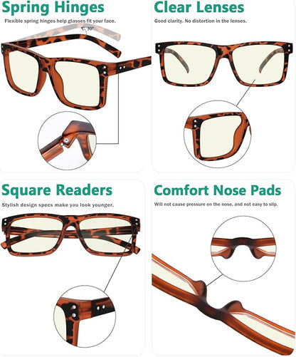 Eyekepper Oversized Reading Glasses Square Large Blue Light Readers for Men Women - Tortoise +4.00