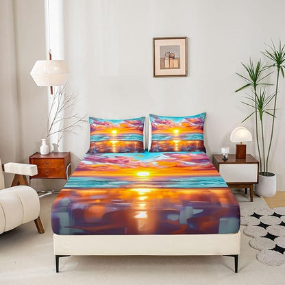 Beach Kids Queen Size Fitted Sheet,Ocean Coastal Sunset Sea Room Decor,Summer Hawaii Fashion Boys Girls Bed Sheets,Orange Blue Bedding Set,2 Pillowcases(No Flat)