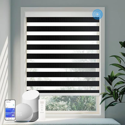 Motorized Zebra Blinds for Windows Cordless Electric Curtains with Remote Control Blackout Shades Custom Smart Blinds Compatible with Alexa Google Home(Light Filtering Black,W48 X 72in)