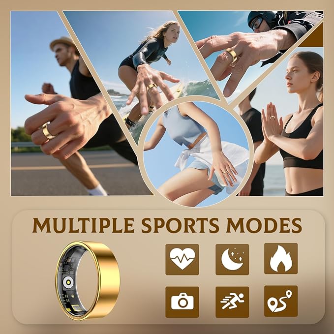 Smart Ring for Women & Men- Health Fitness Tracker with HRV/Sleep Monitoring/Step Counter/Calorie&Distance Tracking, 7-Day Battery，Remote Photo,Menstrual Cycle,Sport Smart Ring (Gold, #9)
