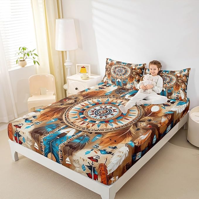 Dream Catcher Kids Twin Size Fitted Sheet,Aztec Western Tribal Boho Boys Girls Bed Sheets,Rustic Farmhouse Feather Room Decor,Brown Blue Bedding Set,1 Pillowcase(No Flat)