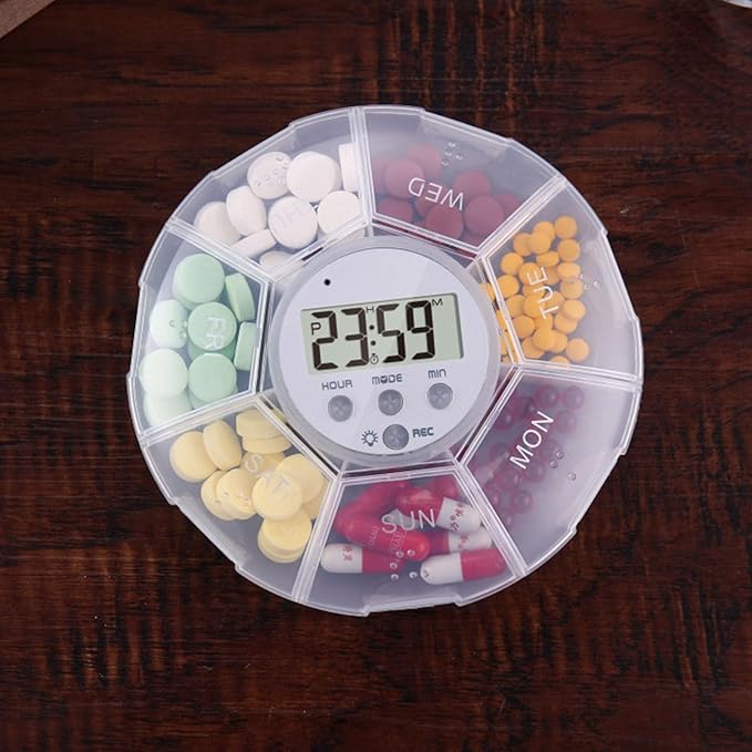 Pill Storage Case with Timer - Smart Medication Organizer Box with 7 Compartments, Alarm Reminder | Recording Feature, LED Light, Portable Pill Dispenser for Health Products, Daily Supplemen