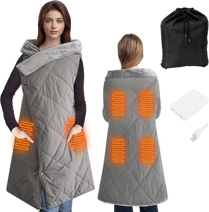 Heated Blanket Outdoors, Battery Operated Heated Throw with 10000mAh Power Bank, 2-in-1 Blanket & Shawl for Camping, Hiking, Stadium Events & Travel, Cordless USB Heated Blanket-Grey