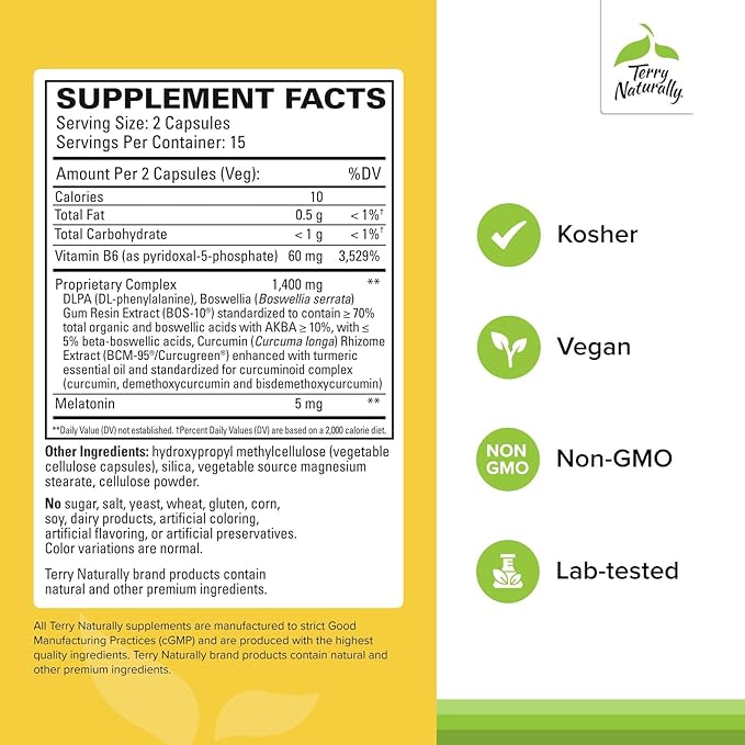 Terry Naturally Curamin Nighttime - Curcumin & DLPA Capsule Supplement - Non-GMO Supplement to Support Healthy Sleep & Relaxation - Herbal Supplement with Melatonin - 30 Capsules