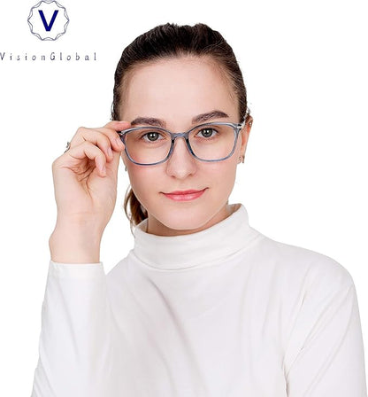 VisionGlobal Blue Light Blocking Glasses for Women/Men, Anti Eyestrain, Computer Reading, TV Glasses, Stylish Square Frame, Anti Glare(Clear Blue,+1.00 Magnification)