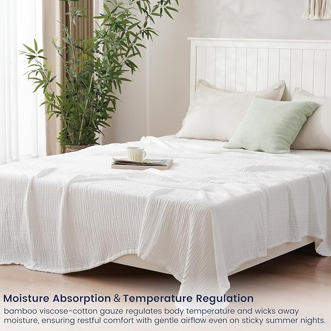 PHF Cooling Muslin Queen Blanket for Hot Sleepers, 60% Rayon Derived from Bamboo, 40% Cotton for Summer, 4-Layer Breathable Gauze Blanket for Bed Couch, 90"x90", White
