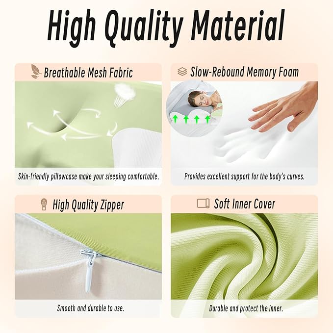 Ornatera Pillow, Restrelief Premium Ergonomic Pillow, Cleshy Ergonomic Pillow Silk Pillowcase, Memory Foam Ergonomic Pillows for Sleeping, Adjustable Cervical Pillow Cozy Sleeping(Green)