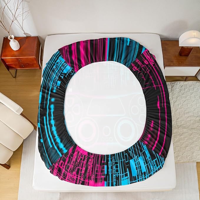 Videogames Gamepad Kids Sheet Full Size,3D Modern Gaming Controller Bedding Set,Boys Girls Room Decor,Neon Honeycomb Hexagon Geometric Pink Blue Bed Sheet Set 4pcs(Fitted + Flat + 2 Pillowcases)