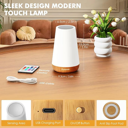 Auxmir LED Night Light 2 Pack Bedside Lamp Touch and Remote Control Dimmable Tabletop 13 RGB Colors Changing 5 Brightness Adjustable Rechargeable Portable Lamp for Baby Kids Nursery Bedroom Outdoor