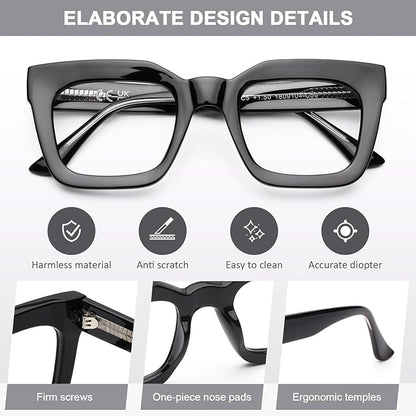 AQWANO Stylish Oversized Reading Glasses for Women Fashion Designer Readers Blue Light Square Computer Glasses