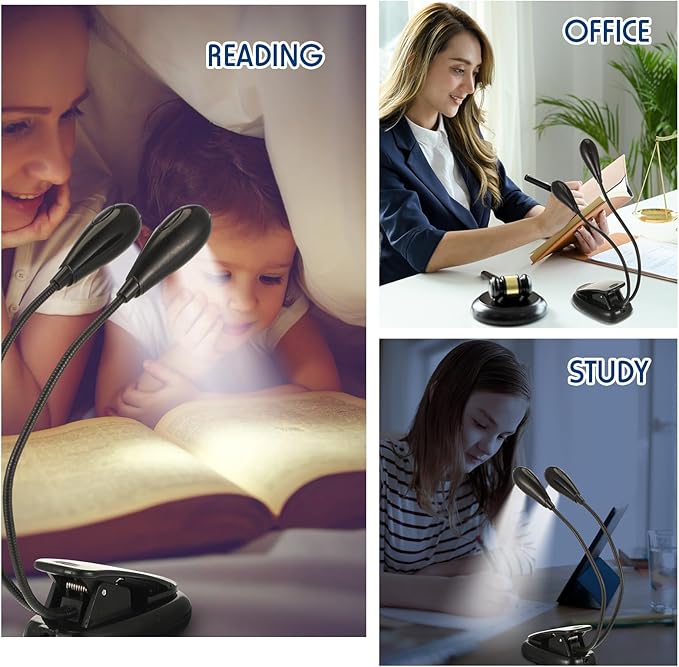 Retisee 6 Pcs Music Stand Clip on Reading Light Dual Heads USB and AAA Battery Operated LED Book Lights in Bed 3 Brightness Levels Ideal for Musician, Battery Not Included (Double-arm Style)