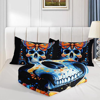 Gothic Skull Comforter Set - Twin Size, Blue Orange Granular Ball Butterfly Printed Bedding, Halloween Horror Themed Kids Bedding with 2 Pillowcases
