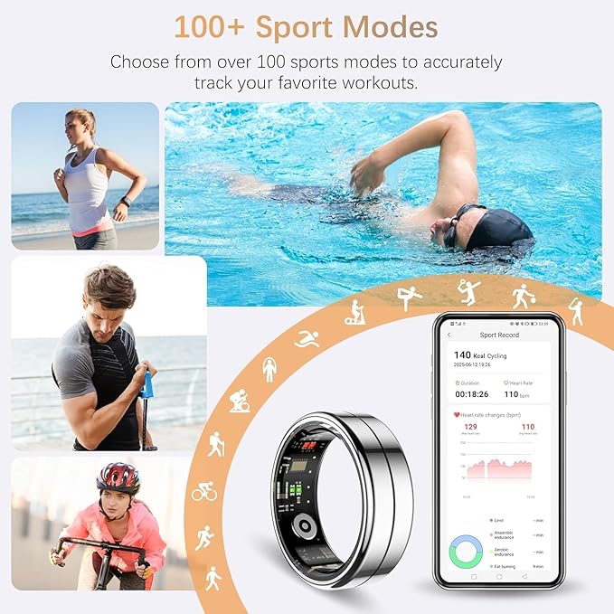 Fit Ring for Women Men, Ring Health Tracker with Heart Rate,Blood Oxygen,Heart Rate Variability, Stress, Sleep Monitor, Step Counter, Smart Ring for iPhone & Android, No Subscription Fee (Silver, 9)