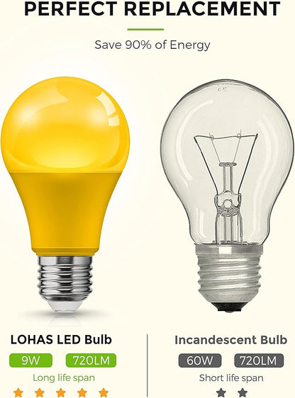 L LOHAS LED Yellow Bug Light Bulbs Outdoor, A19 9W Bug Lights for Outside, 60W Equivalent, 2000K Amber Porch Light Bulb, Non-Attracting, E26 Base, Not-Dimmable, Ideal for Patio, Deck, Backyard, 2 Pack