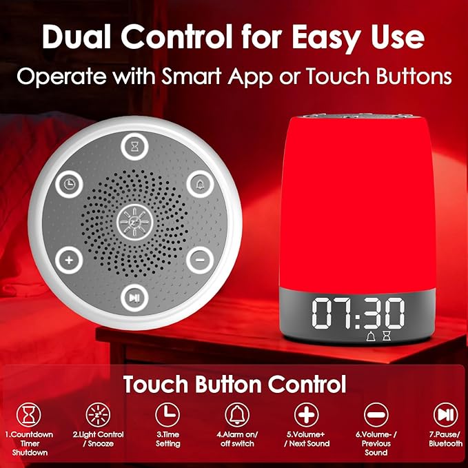 Red Light Therapy Sleep Device with 5-Level Red Light Therapy (620–690nm), 32 White Noise, Smart App Control, Night Light to Support Deep Relaxation and Improve Sleeping for Adult & Kid