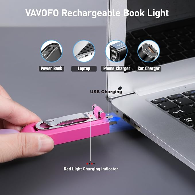 VAVOFO USB Rechargeable Book Light, Blue Light Blocking, Amber Light Clip On Bookmark Shaped Reading Light, Eye Care 6 LEDs Book Light for Bookworms Reading in Bed with 9 Lighting Modes (Rose)