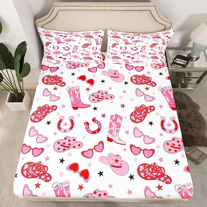Western Cowgirl Fitted Sheet,Tribal Texas Stars Horseshoe Boots Hats Sheet Set for Adults Ultra Soft Room Gift,Princess Girly Red Pink Starry Bedding Set with 2 Pillowcases,Queen Size