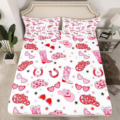 Western Cowgirl Fitted Sheet,Tribal Texas Stars Horseshoe Boots Hats Sheet Set for Adults Ultra Soft Room Gift,Princess Girly Red Pink Starry Bedding Set with 2 Pillowcases,Queen Size