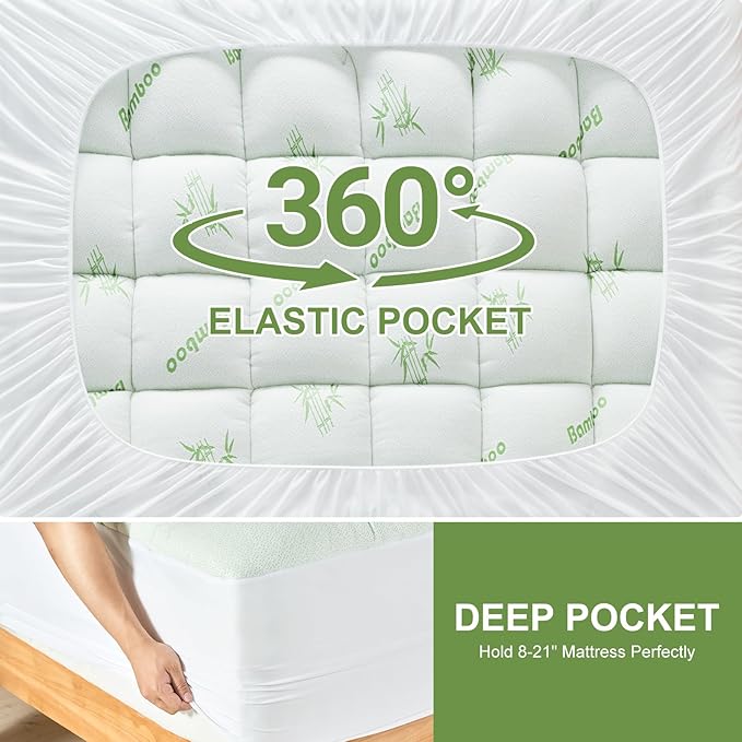 California King Size Mattress Topper Viscose Derived from Bamboo, Soft Thick Pillow Top Mattress Pad for Back Pain, Cooling Mattress Protector with 8-21 Inch Deep Pocket, White