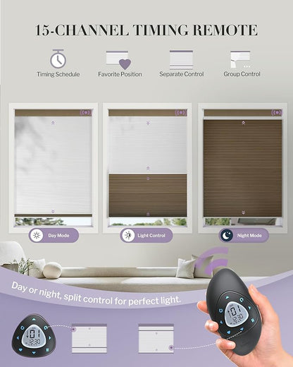 Graywind Motorized Day Night Cellular Shades with Remote, Smart Honeycomb Blinds Compatible with Alexa & Google Home, Custom Size Blackout/Privacy for Bedroom, Living Room & Home Office, Linear Brown