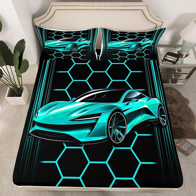 Sports Car Fitted Sheet Twin Size,Neon Lines Honeycomb Bed Sheet with 1 Pillowcase,Cool Speed Soft Decorative Fabric Bedding,Room Gift