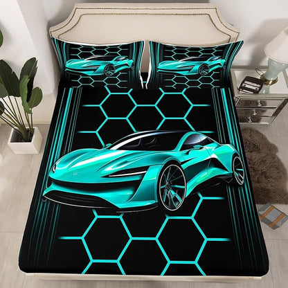 Sports Car Fitted Sheet Twin Size,Neon Lines Honeycomb Bed Sheet with 1 Pillowcase,Cool Speed Soft Decorative Fabric Bedding,Room Gift