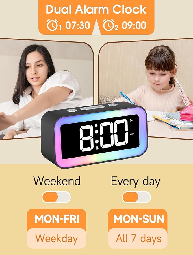 Cadmos Loud Alarm Clock for Bedrooms with Dynamic RGB Night Light,Heavy Sleepers Adults,Dual Alarm,Dimmer,USB Charger,Small Bedside Digital Clock with Led Display for Kids,Teens (Silver Gray)