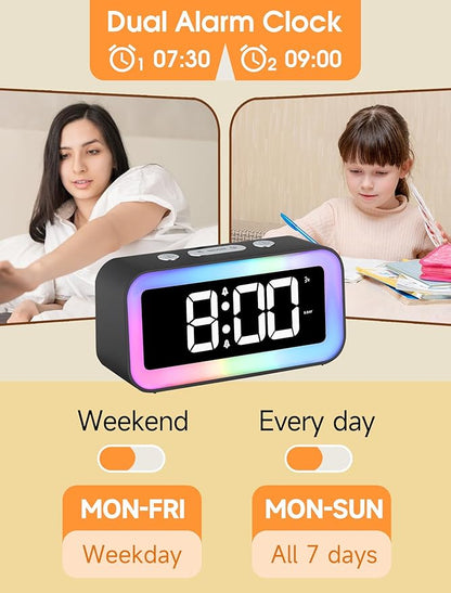 Cadmos Loud Alarm Clock for Bedrooms with Dynamic RGB Night Light,Heavy Sleepers Adults,Dual Alarm,Dimmer,USB Charger,Small Bedside Digital Clock with Led Display for Kids,Teens (Silver Gray)
